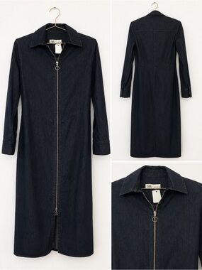 Zara Black Denim Zip-Front Midi Dress